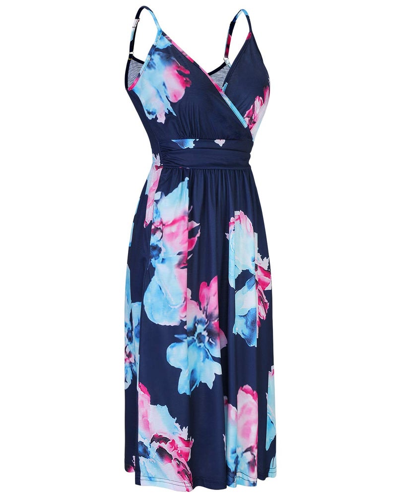OUGES Women's Summer Spaghetti Strap V-Neck Floral Midi Casual Dress with Pockets(Floral01-452,S) - Image 3
